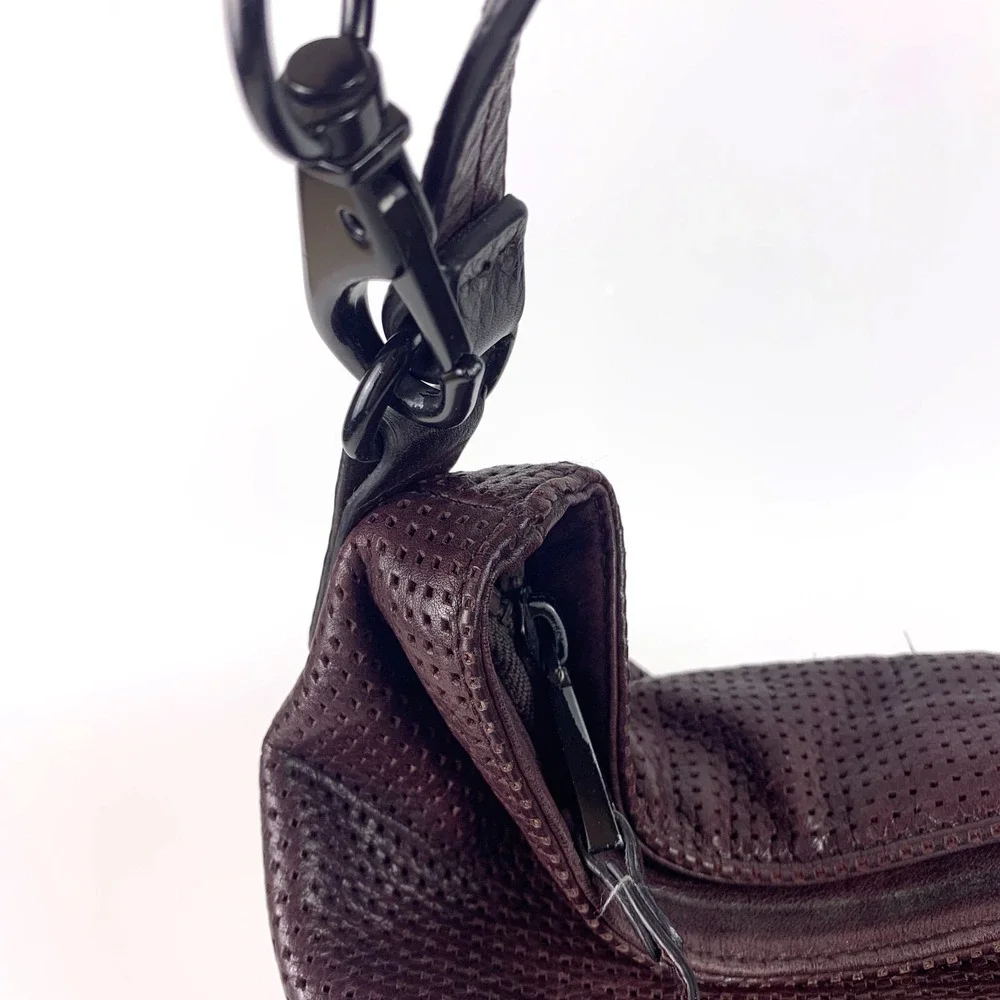 She + Lo Burgundy Perforated Leather Hobo Bucket Crossbody Shoulder Bag Edgy SEE